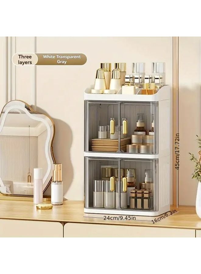 Cream Transparent 2 Tier Large Capacity Foldable Makeup Organizer Cosmetic Storage Box - Image 3